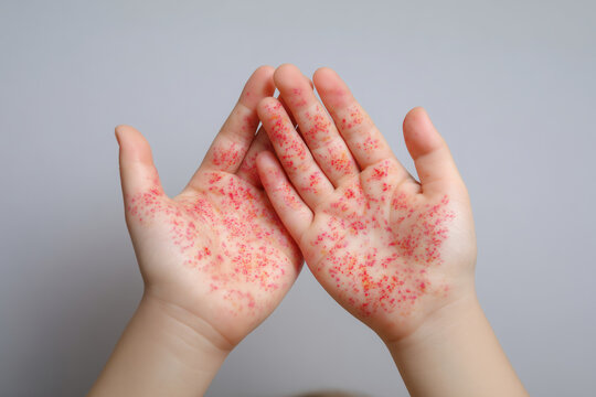Child hands with red rash spots, infectious disease and dermatology concept, viral exanthem, hand foot mouth disease symptom, healthcare, pediatric illness and medical diagnosis ch