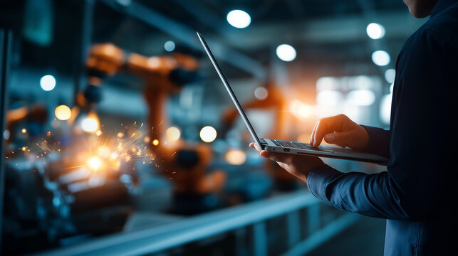 Over the shoulder silhouette of a hand carrying a laptop walking past a bright softly defocused vehicle assembly line with robotic arms and glowing AI computer vision overlays