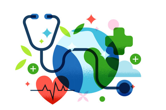 Earth planet globe with stethoscope, heart pulse and medical crosses. Vector design for medicine, global world health.