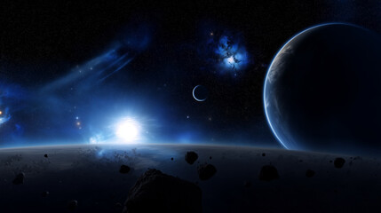 Fototapeta premium Deep space panorama with planets, moon, asteroid field and bright blue star flare, cinematic sci fi astronomy scene with cosmic dust, planetary horizon and vast universe background