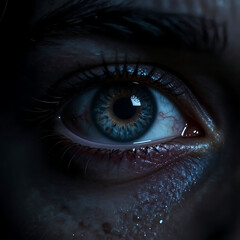 Naklejka premium Close-up of teal human eye with dramatic dark makeup and glitter tears in low light