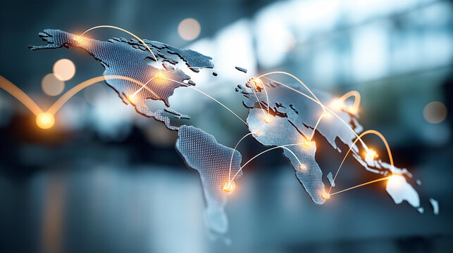 Floating hologram composition of a stylized world map with glowing connection lines between workforce nodes and AI matching icons on a bright clean backdrop AI outsourcing