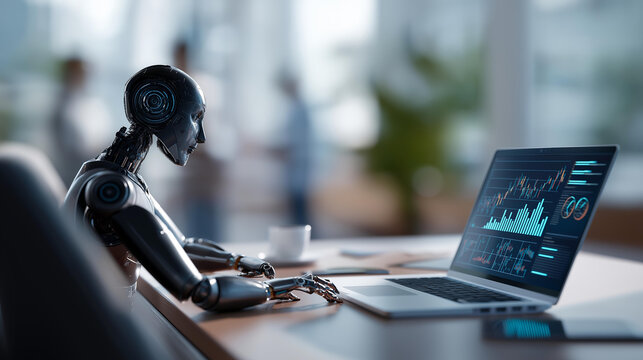 Minimalist hero shot of a sleek humanoid robot silhouette seated at a bright clean desk with a laptop open showing charts on the screen soft defocused background futuristic