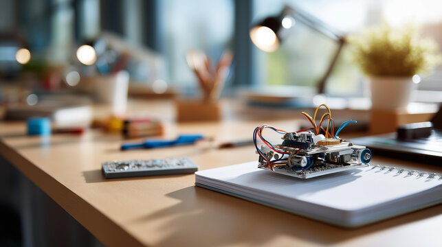 Overhead flat lay of a small robotics project with gears wires a microcontroller and a build guide notebook on a bright clean classroom desk with softly defocused tools STEM