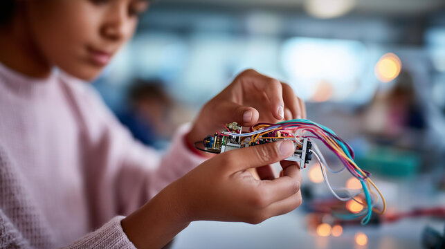 Close up of hands holding a robotic arm prototype with colorful wiring on a bright softly defocused classroom workbench girls in STEM robotics education engineering learning