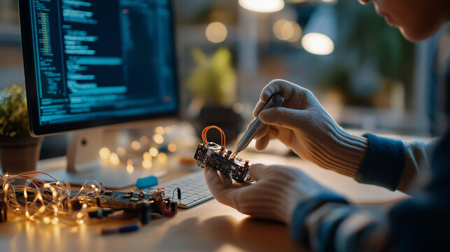 Close up of gloved hands assembling a small robotic arm prototype on a bright home office desk with softly defocused code displayed on a monitor AI development robotics