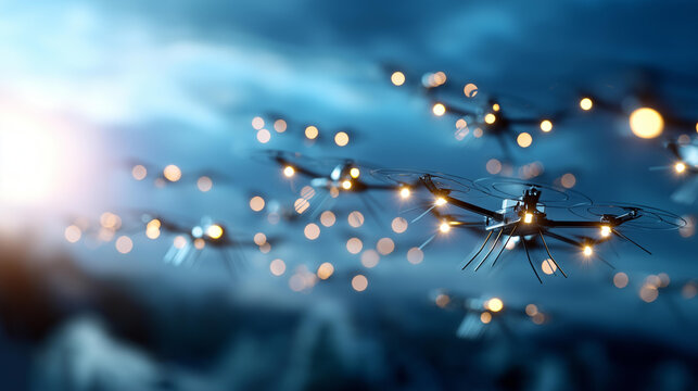 Abstract dramatic composition of a swarm of tiny glowing drone silhouettes flying in formation on a bright clean sky backdrop with soft defocused clouds autonomous drones swarm