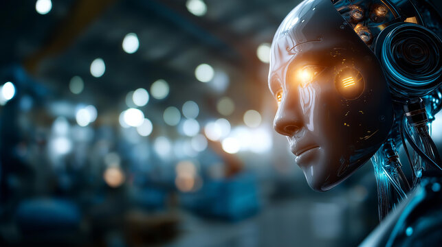 Close up macro of a sleek humanoid android head profile with glowing sensor eyes against a softly defocused bright factory environment android face machine vision advanced