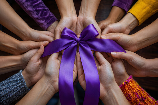 Hands of diverse people holding continuous purple ribbon in circle for cancer awareness. Faceless body parts unity solidarity community support copy-space.
