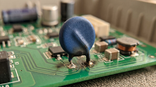 Damaged metal oxide varistor on circuit board after high voltage surge protection failure
