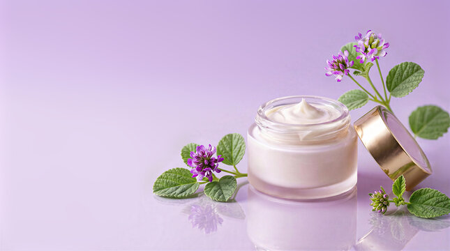 Babchi day cream in glass jar with lilac botanical accents and soft marble surface. Use for clean beauty campaigns, moisturizer promos, web headers and spa visuals.