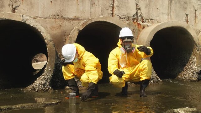 Hazardous material team in protective suits collect water samples near drainage pipes, inspecting chemical pollution and environmental contamination in industrial area.