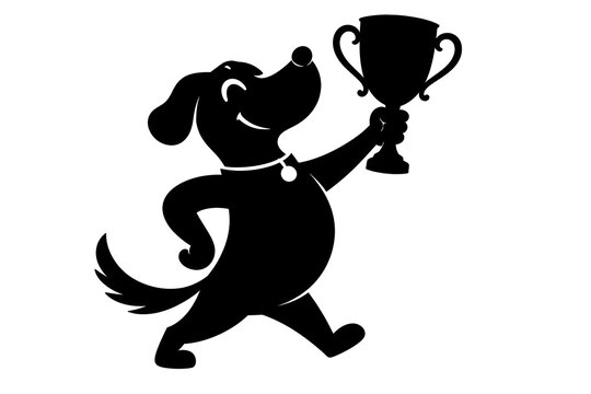 Happy dog holding a golden trophy cup silhouette illustration icon isolated on transparent background