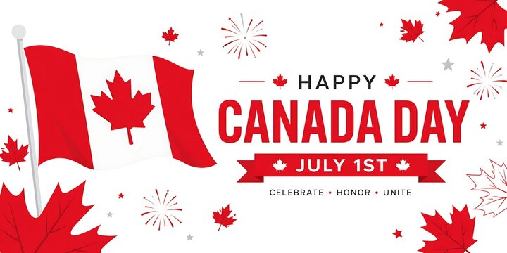 Red maple leaf flags and fireworks celebrating canada day with snowy mountain background