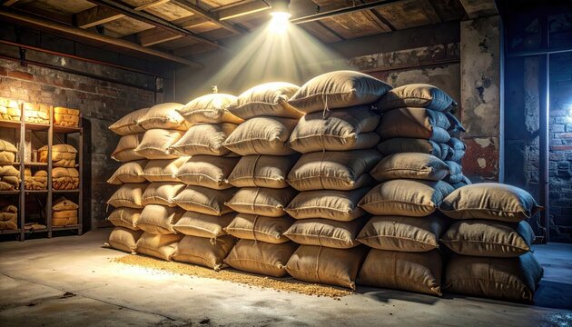A large stockpile of grains including rice wheat and oats stored in woven burlap sacks stacked high inside a dim rustic warehouse under a singular bright spotlight from above.