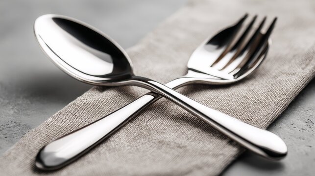 Silver Spoon and Fork Crossed on Fabric Napkin