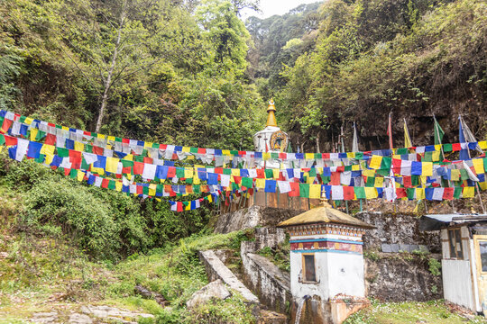 Buddhist prayer flags and a stupa (chorten) in Bhutan