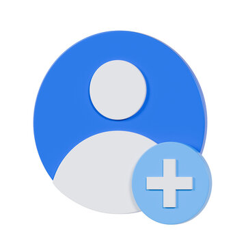 3D user profile icon with a plus sign, representing adding a new user, account registration, or social media connection
