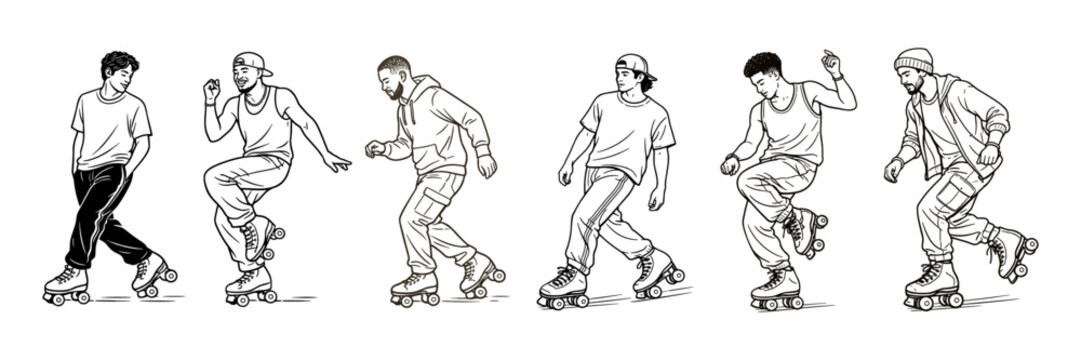 Men quad roller skating icon set outline vector illustration