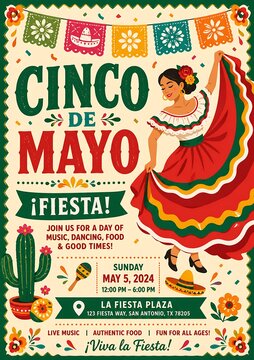 Vibrant cinco de mayo fiesta poster with dancing woman colorful decorations and event details celebration
