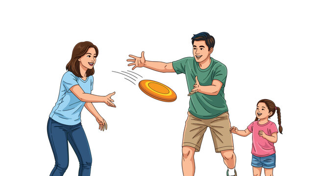 A cheerful family of three, including a mother, father, and their daughter, having fun playing frisbee together outdoors on a sunny day.