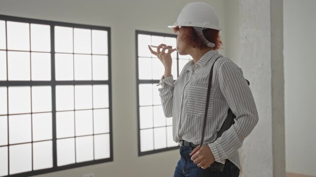 Woman architect speaking into smartphone, holding rolled blueprint tube over shoulder and wearing white hardhat in an empty building room with grid window; concentration.