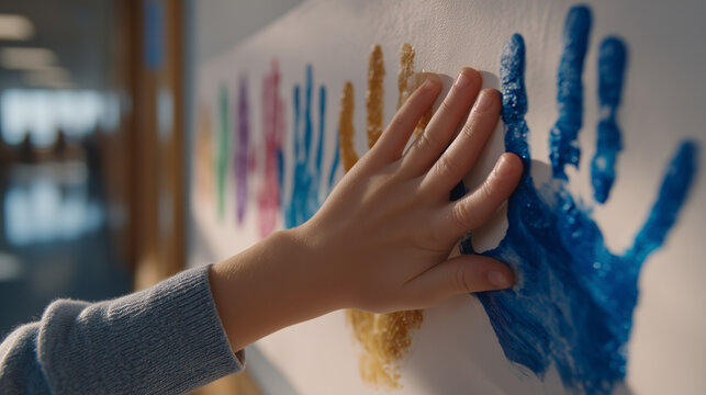 Close up of a child's hands pressing a painted palm onto a school hallway mural, elementary volunteer day, end of year art project, school beautification, student and parent volunteers, June school 