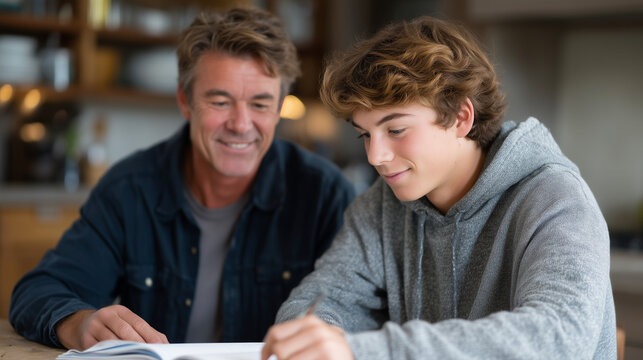 Father and adult son reviewing commercial driver license study materials together at kitchen table, CDL exam preparation, trucking career pathway, family logistics tradition, multigenerational trans