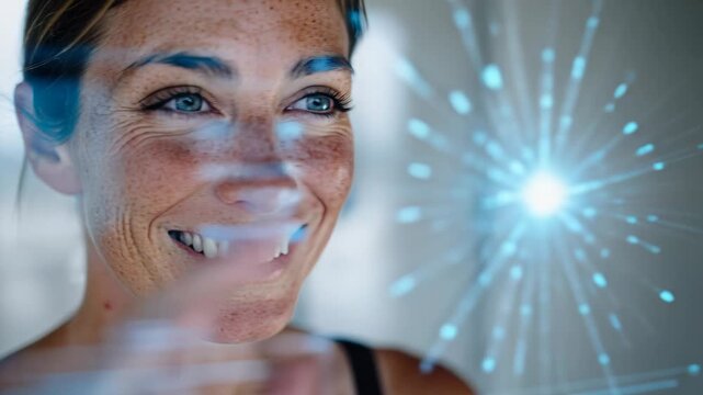 woman working with virtual computer, futuristic background