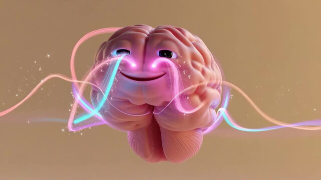 A cute brain with a friendly face surrounded by flowing light lines in a stylized look on a soft backdrop, concept of creativity