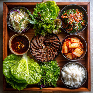Stylized flat lay of a bulgogi dinner spread marinated beef strips arranged in a perfect spiral on a wooden tray, surrounded by lettuce leaves, ssamjang sauce, kimchi, pickled radish, and steamed rice
