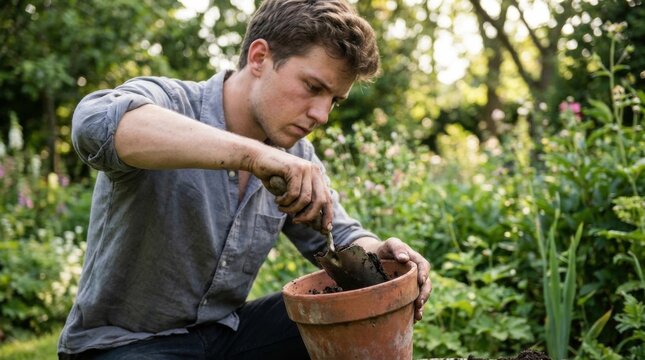 Focused young male gardener kneeling and scooping dark potting soil into a large terra cotta flowerpot using a small hand trowel.