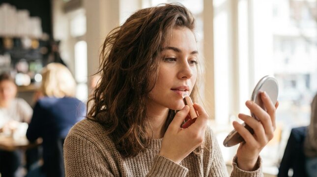 Young adult brunette woman applies nude lip color while holding a silver pocket mirror in a casual coffee shop setting.