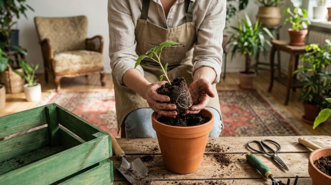 Gardener planting young green sprout with exposed root system into an earthenware terracotta pot on a rustic wooden indoor bench.