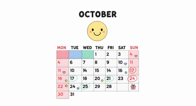 A vibrant October calendar illustration, cheerfully marking important dates, appointments, and special events with colorful circles and a friendly emoji, ideal for personal planning and organization