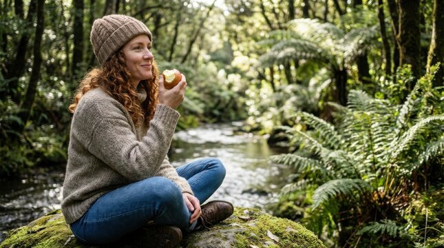 Smiling woman in a knitted hat and sweater enjoying an  while sitting on a mossy rock beside a flowing stream in a dense, lush temperate forest.