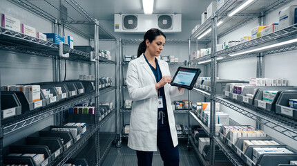 Naklejka premium Pharmacist in white coat inspecting temperature breach alert on cold chain monitoring tablet inside walk-in refrigerator, pharmaceutical integrity, cold storage violation response, healthcare supply