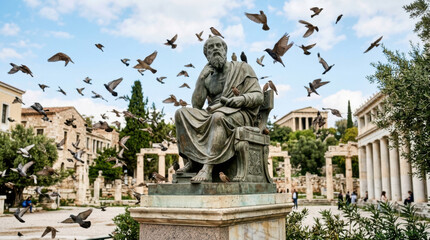 Obraz premium Socrates statue with flying pigeons at ancient agora athens greece