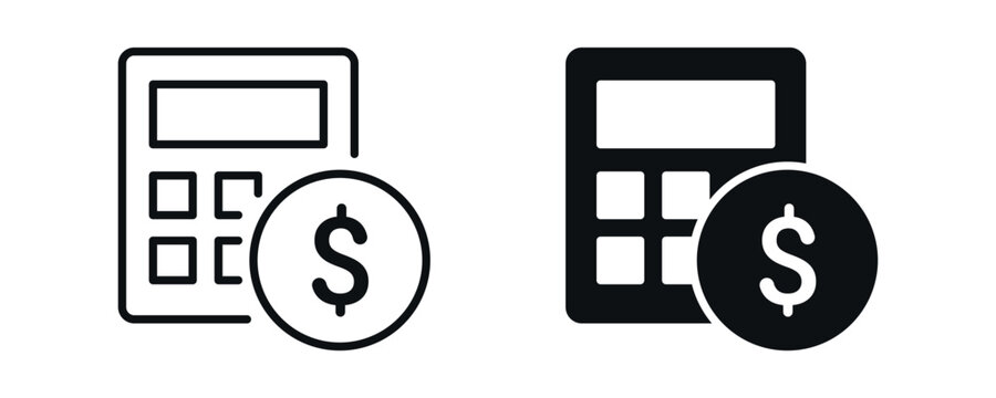 Finance calculator icon set, accounting and money calculation concept with dollar symbol in line and solid style. vector illustration.