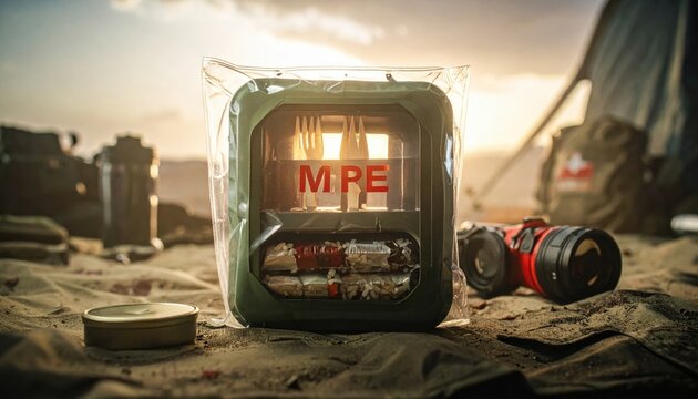 A sealed military style meal ready to eat package resting on dusty desert ground, featuring essential survival rations for emergency situations and wilderness tactical field operations.