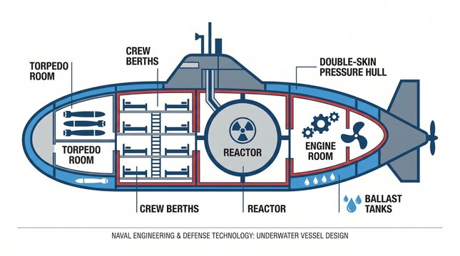 Cross‑sectional submarine diagram labeled with compartments, illustrating torpedo room, crew berths, reactor, engine room, ballast tanks, and double‑skin pressure hull, symbolizing naval engineering, 