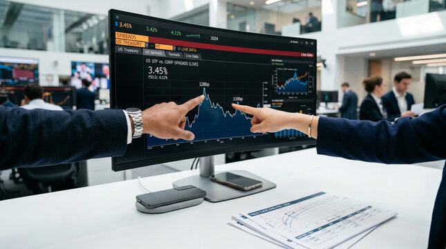 Multicultural group of fintech analysts surrounds a trading floor terminal reviewing live bond market spread alerts. Ceiling-mounted data tickers scroll fixed-income indices overhead, printed yield 