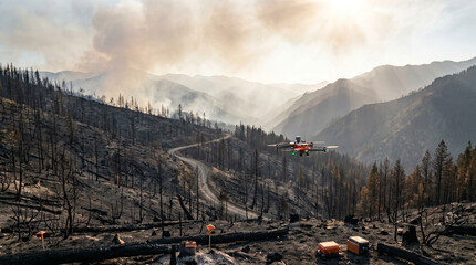 Naklejka premium Mountain wildfire aftermath hillside where a forestry AI drone hovers low, scanning burned terrain for climate data collection, smoke-hazed sky, environmental monitoring, disaster response technolog