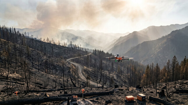 Mountain wildfire aftermath hillside where a forestry AI drone hovers low, scanning burned terrain for climate data collection, smoke-hazed sky, environmental monitoring, disaster response technolog