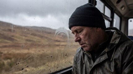 Fototapeta premium Stressed Man on a Bus Looking Out at a Barren Landscape