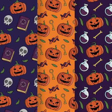 Halloween pattern, seamless pattern, Halloween design, pumpkin pattern, skull pattern, potion bottle, spell book, jack o lantern, candy pattern, Halloween background, repeating pattern, surface patter