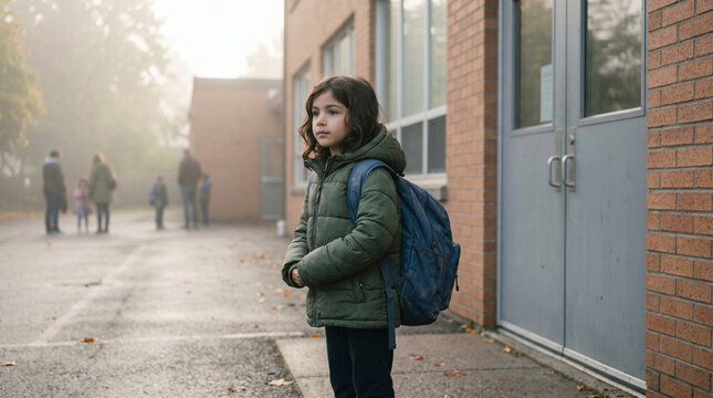 Mist-covered morning schoolyard where refugee child in donated coat waits alone for school doors to open, backpack too large for small frame, school integration solitude, newcomer child resilience, 