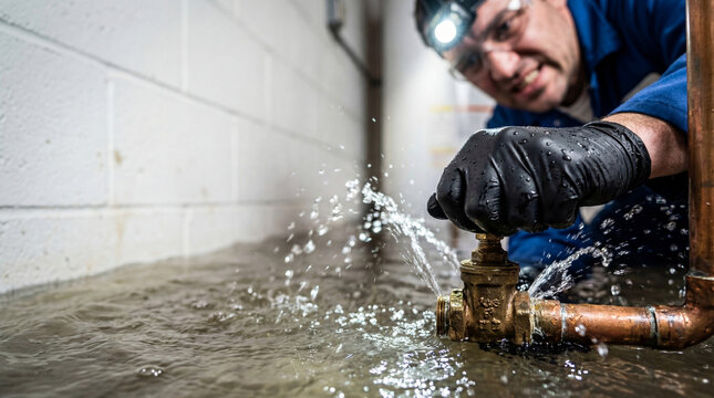 Plumber fixing leaky pipe under flooding area with water jet. Man wearing headlamp working on plumbing repair to stop home water damage. Emergency maintenance service in dark cellar.