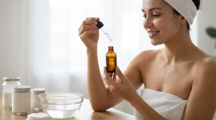 Fototapeta premium Smiling young adult female preparing homemade facial serum using amber glass dropper bottle and natural cosmetic ingredients.