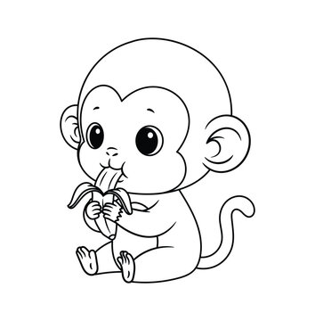 Cute Baby Monkey Eating Banana Coloring Page for Kids
